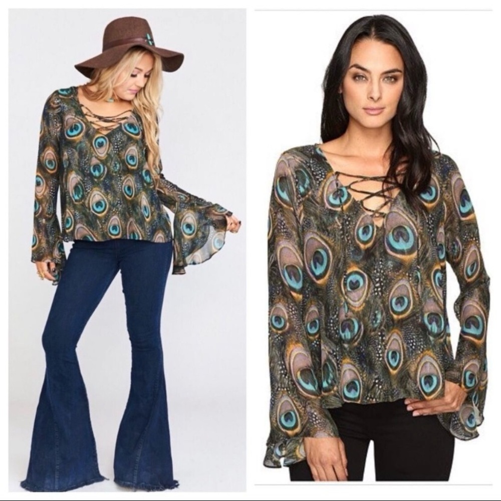Show Me Your MuMu Zuko Lace-Up Peacock Feather Top Sheer Blouse
